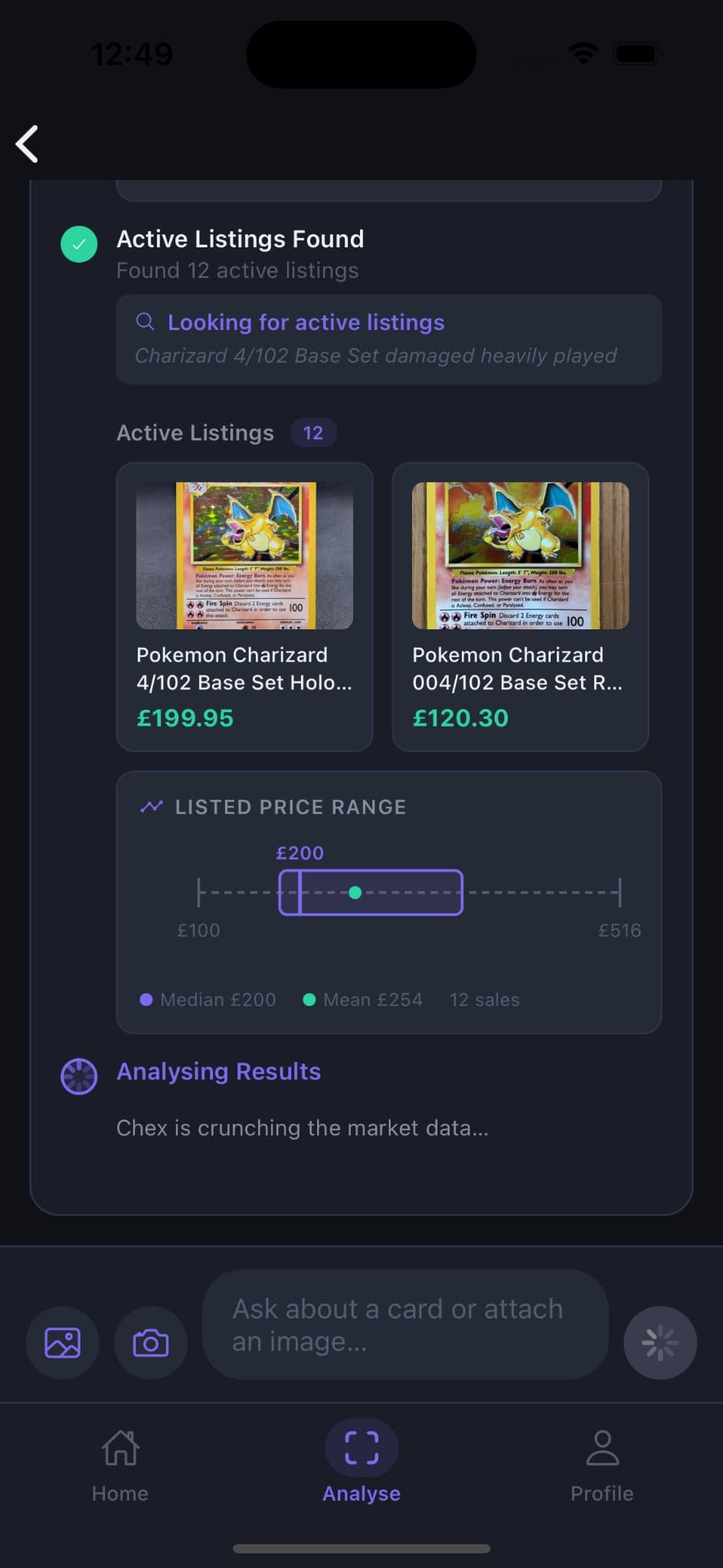 PokeChex alpha view showing active listings and listed price range chart.