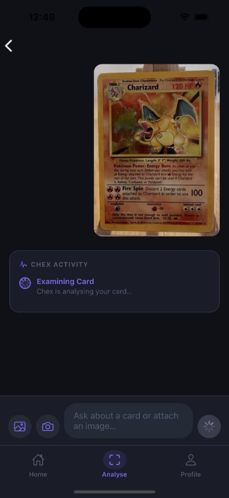 PokeChex alpha analyse screen while examining a card image.