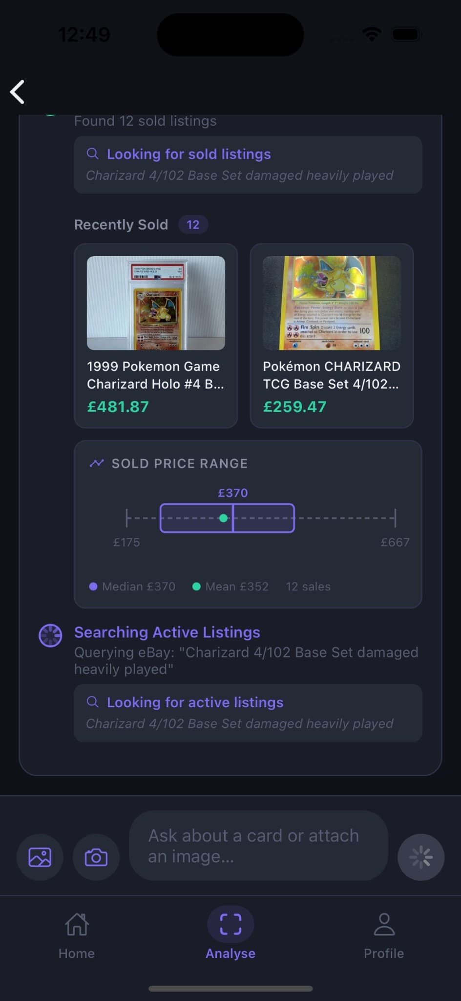 PokeChex alpha view showing sold listings and sold price range chart.