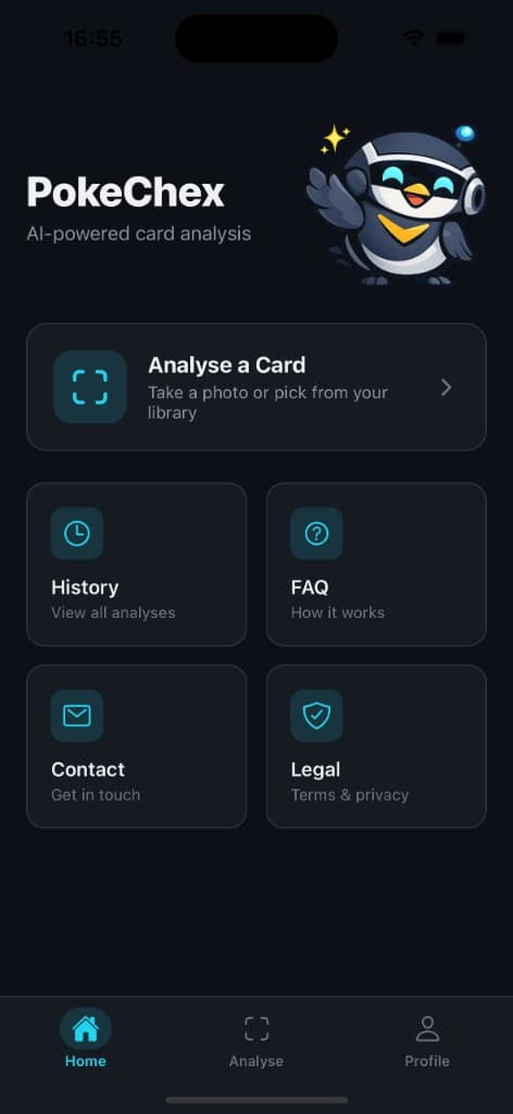 PokeChex home screen with Analyse a Card, History, FAQ, Contact, and Legal.