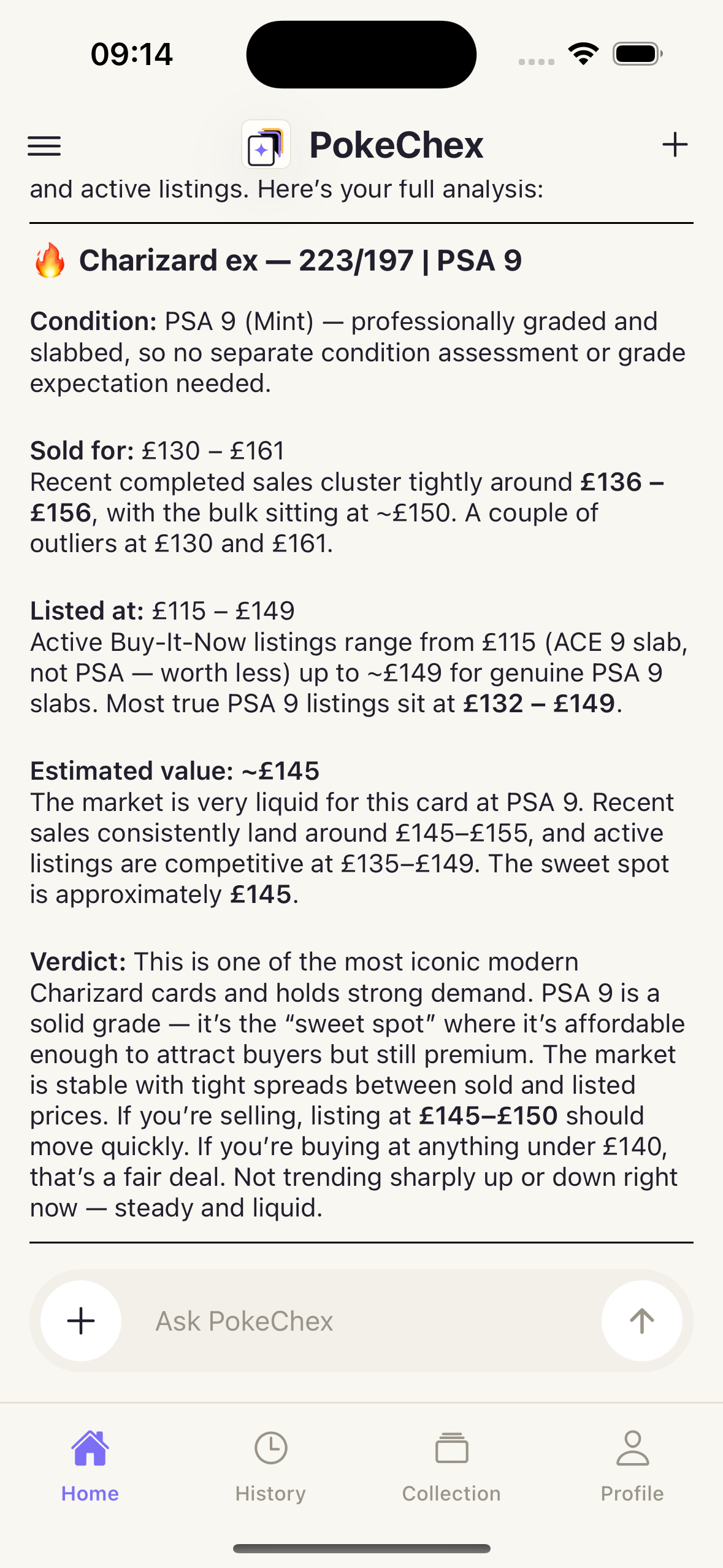 PokeChex Agent Scan full market analysis report for a graded Charizard card