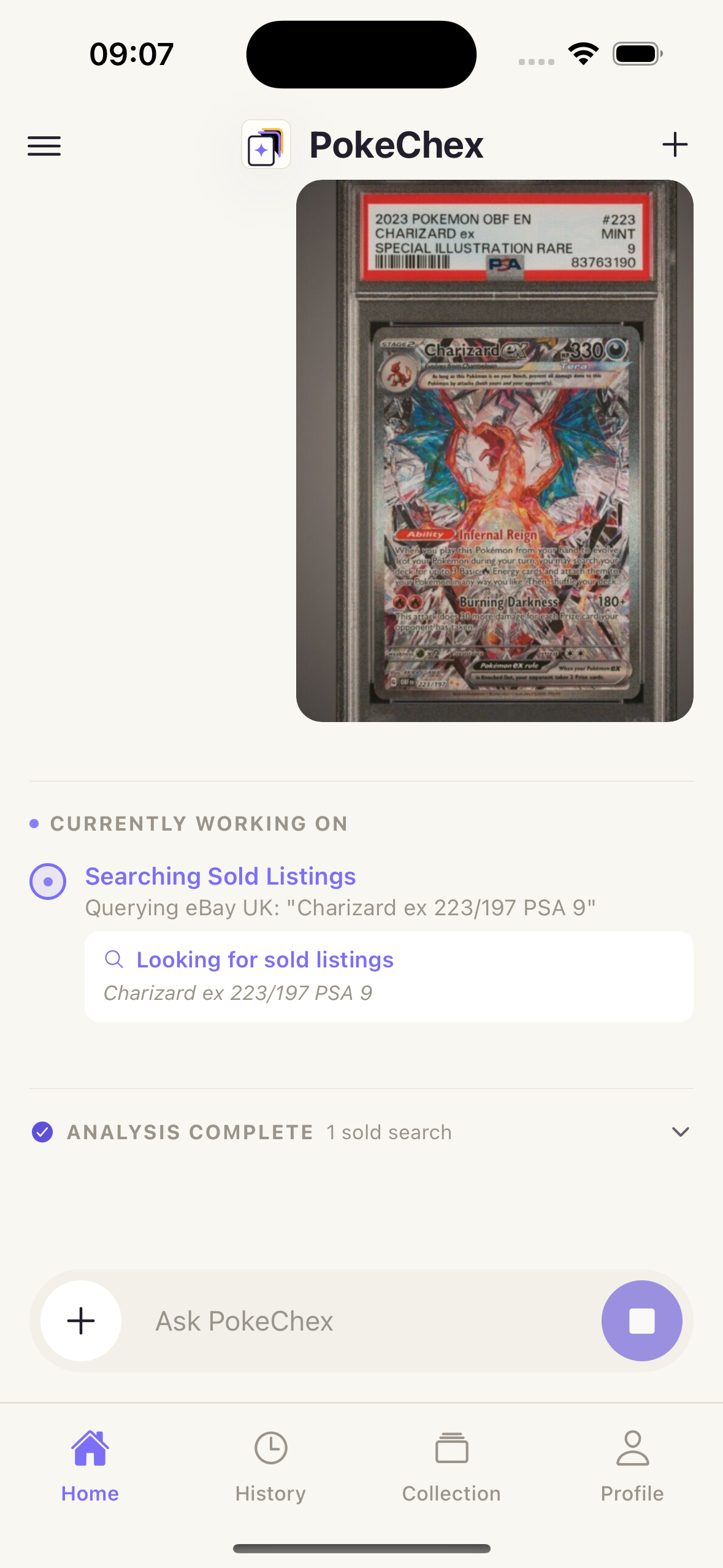 PokeChex Agent Scan searching eBay sold listings for a graded Charizard card