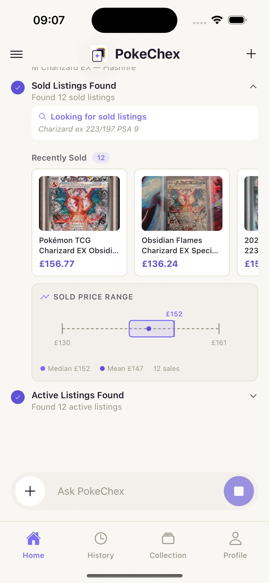 PokeChex Agent Scan showing listing context and raw estimate analysis