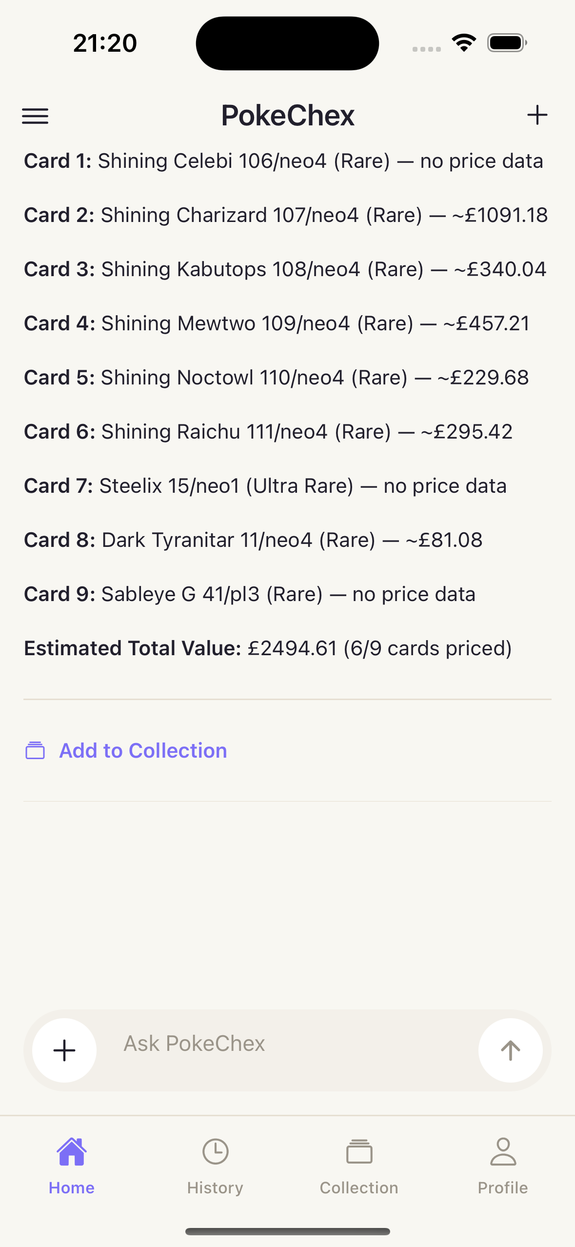 PokeChex card-by-card report with estimated total value