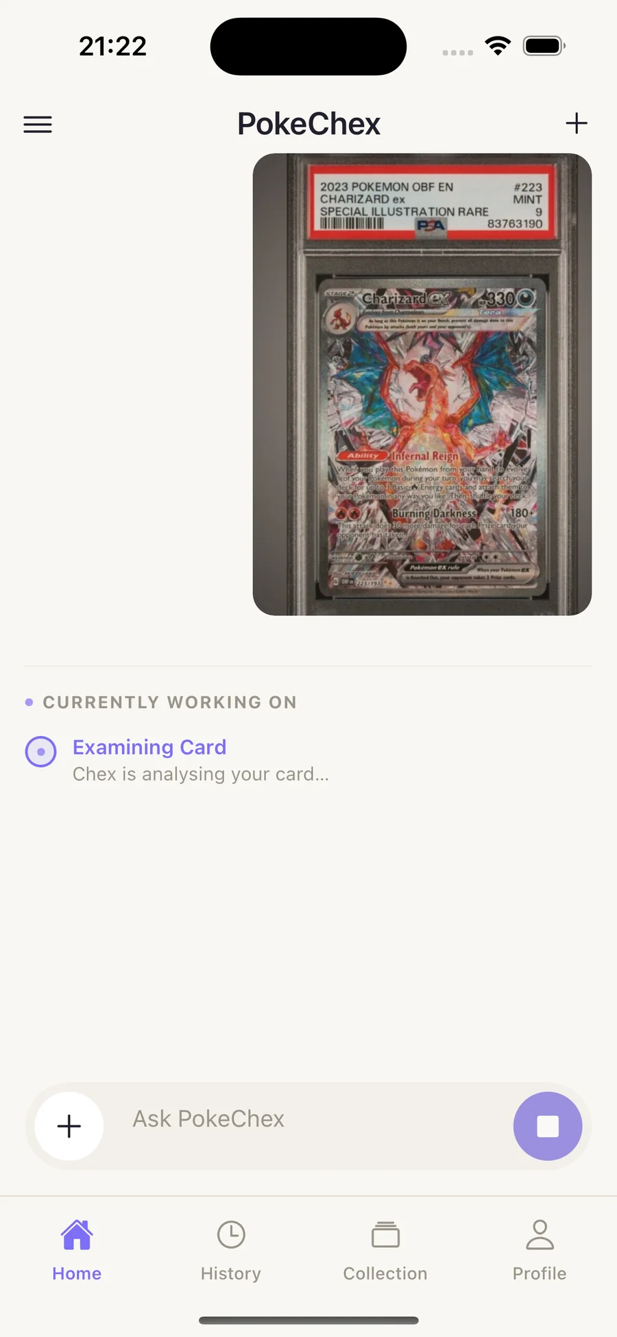 PokeChex examining a single Charizard card