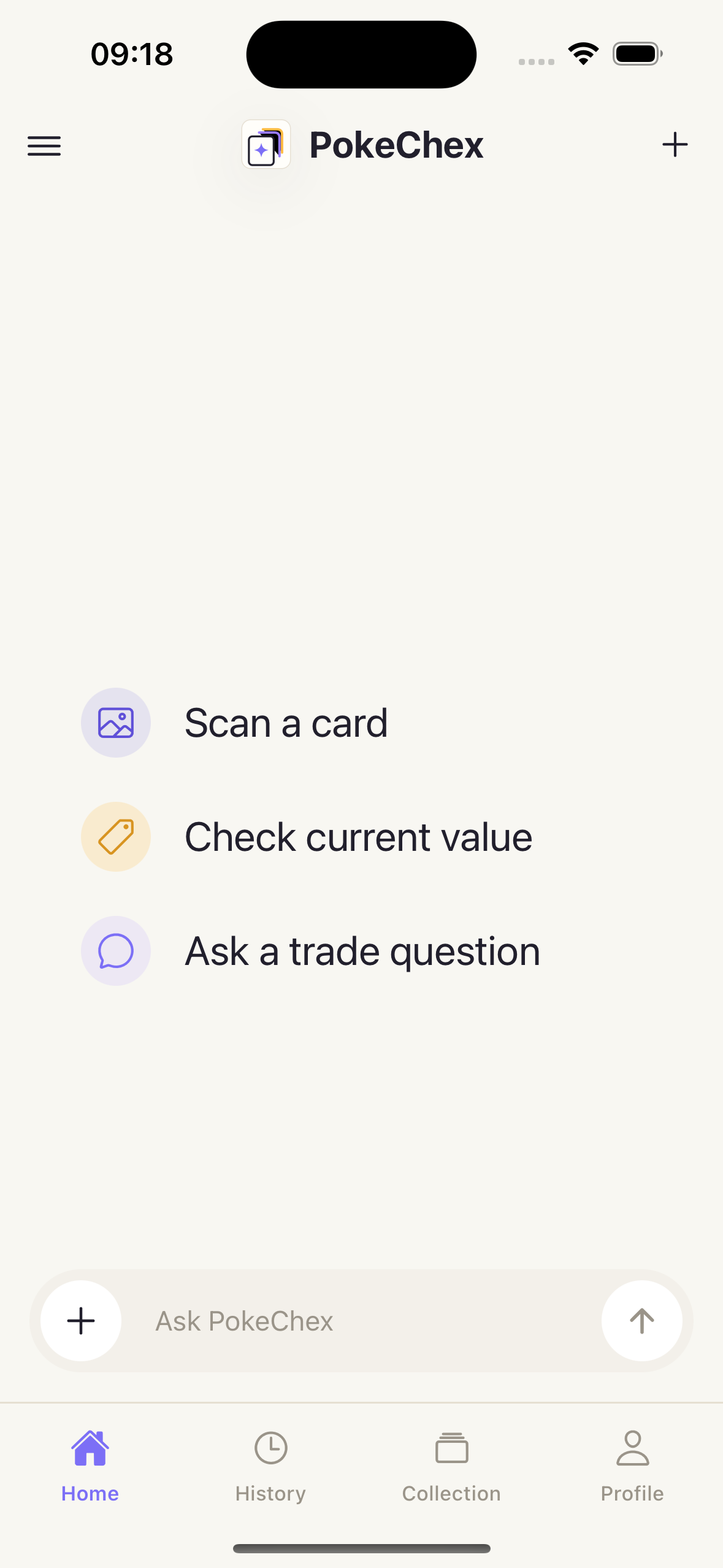 PokeChex home screen showing scan, value check, and trade question actions