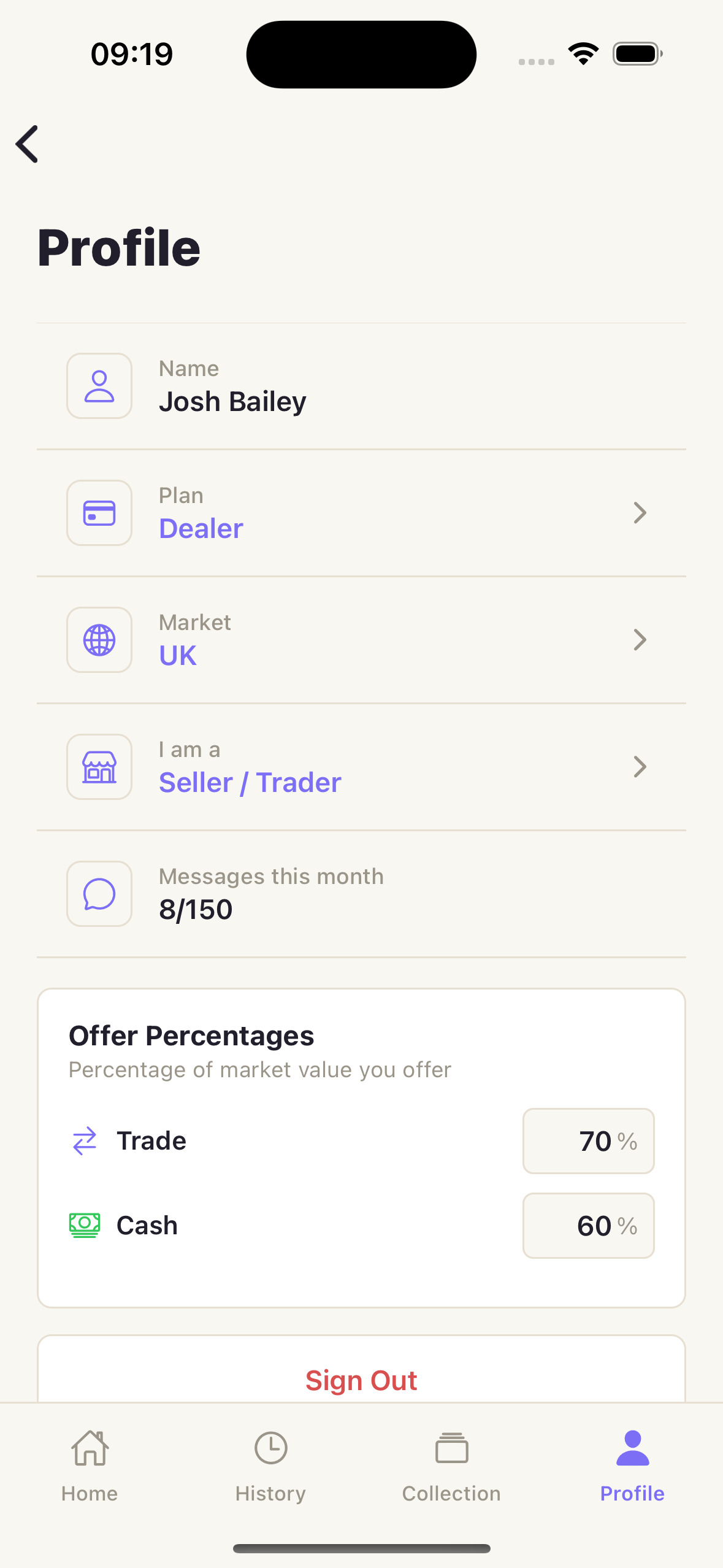 PokeChex profile screen showing dealer plan, market, user type, and offer percentages