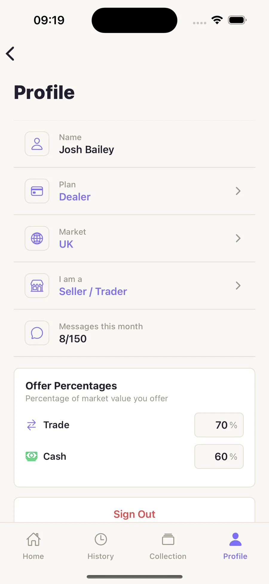 PokeChex profile screen showing dealer plan, market, user type, and offer percentages