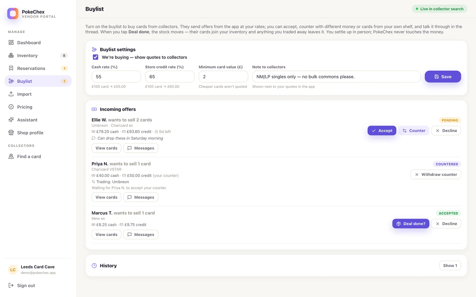 Vendor Portal buylist with incoming collector offers, counter-offers, and message threads