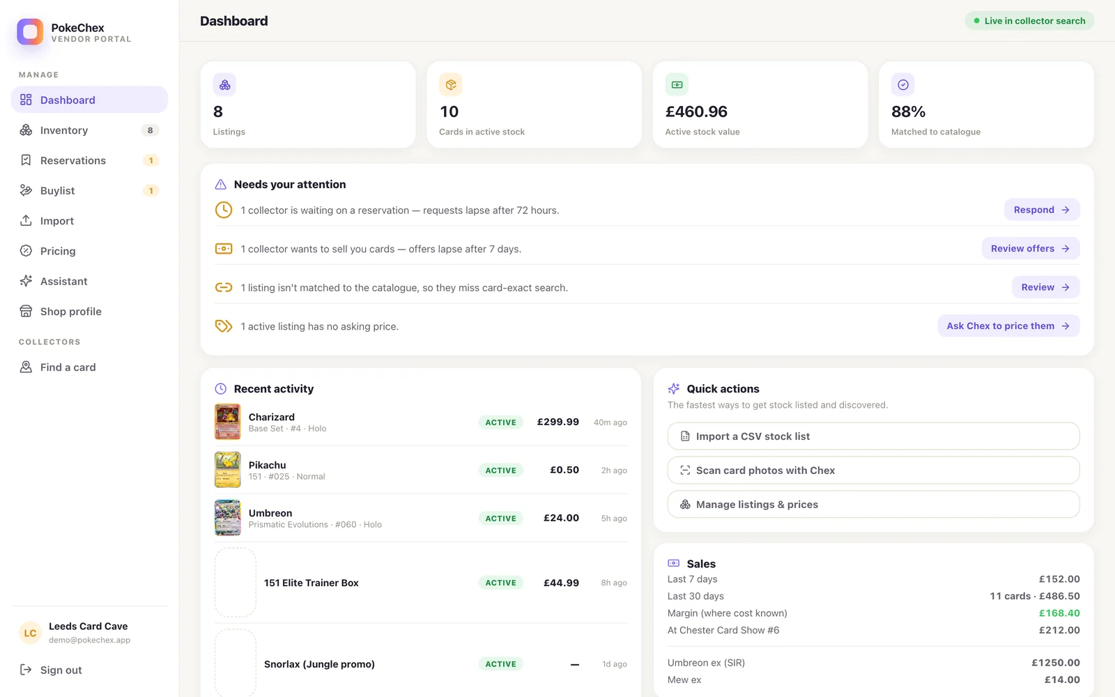 Vendor Portal dashboard showing stock value, attention items, recent activity, and sales including per-show takings