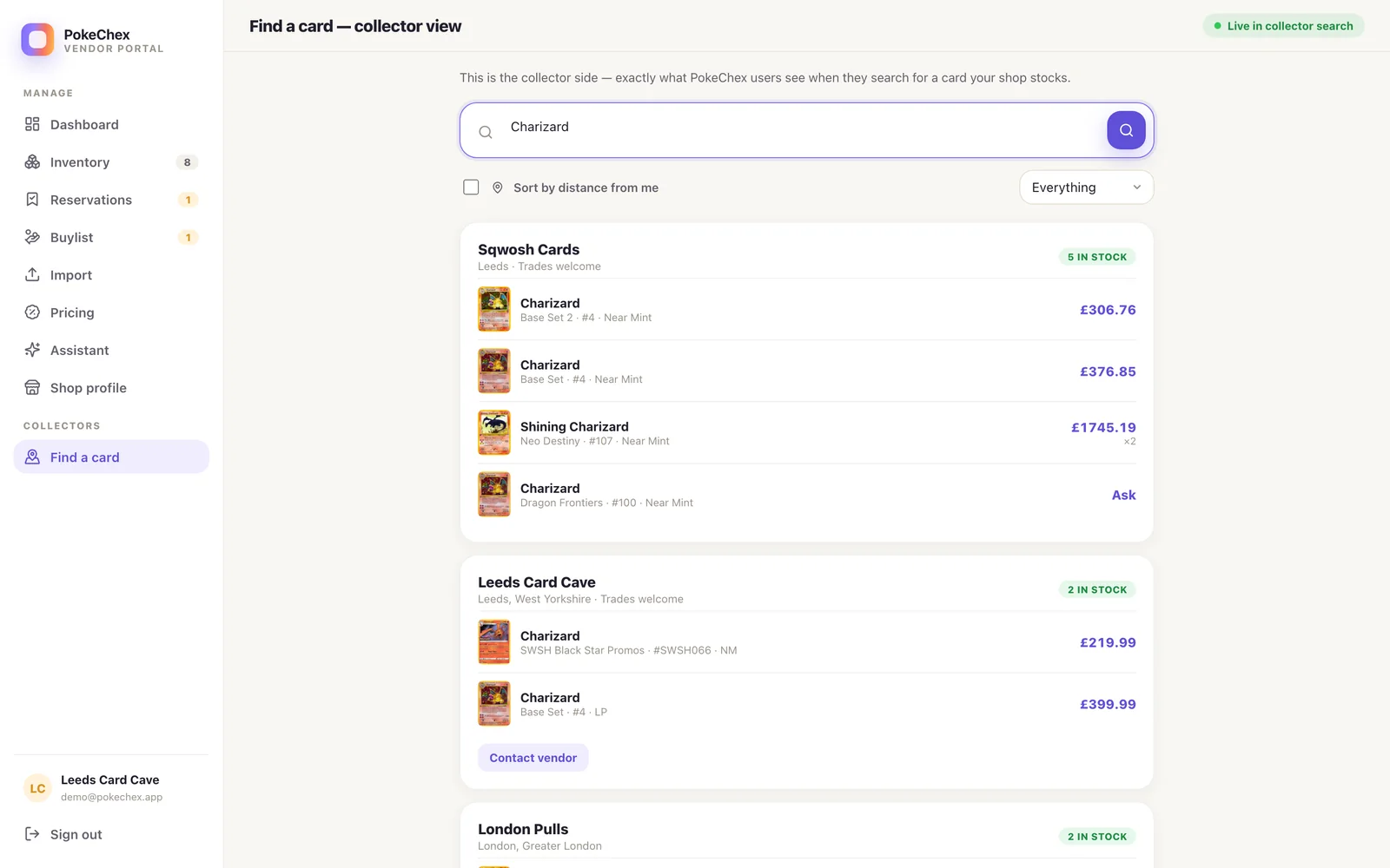 Collector-facing card search showing shops with matching stock ranked by distance