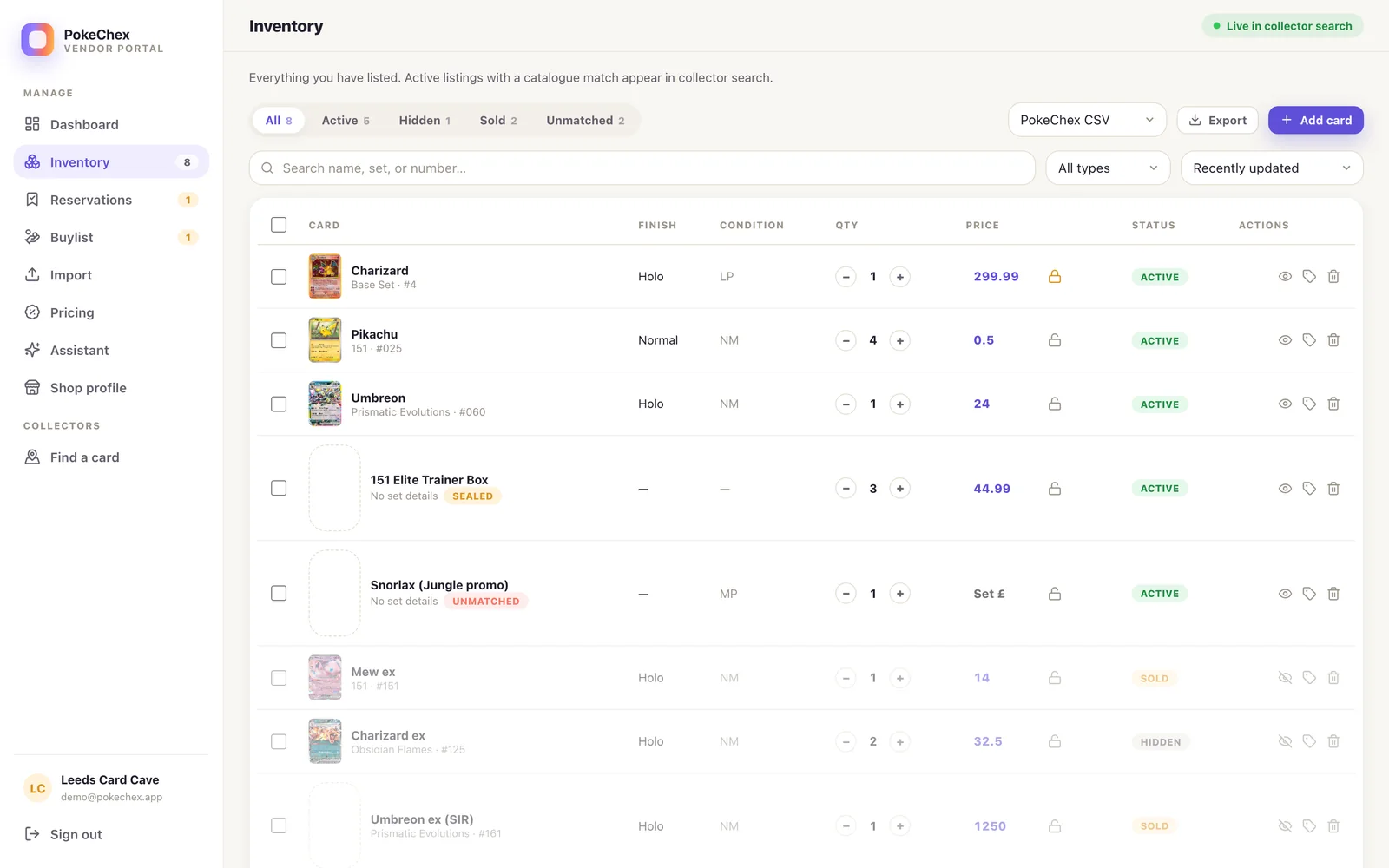 Vendor Portal inventory table with status tabs, bulk actions, price locks, and quick sell